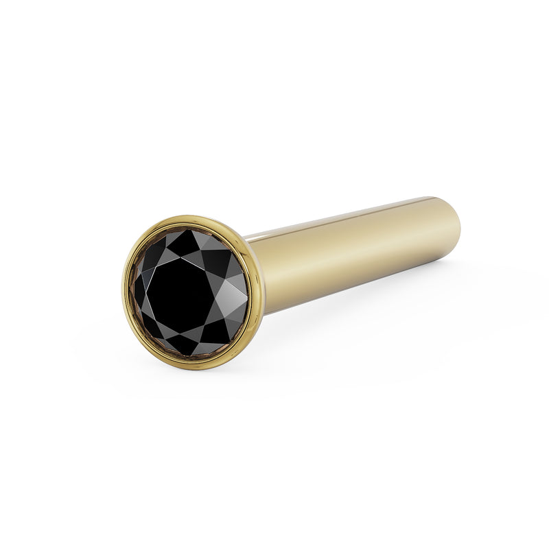 14k yellow gold black diamond bezel nose bone stud, close angled view of faceted stone