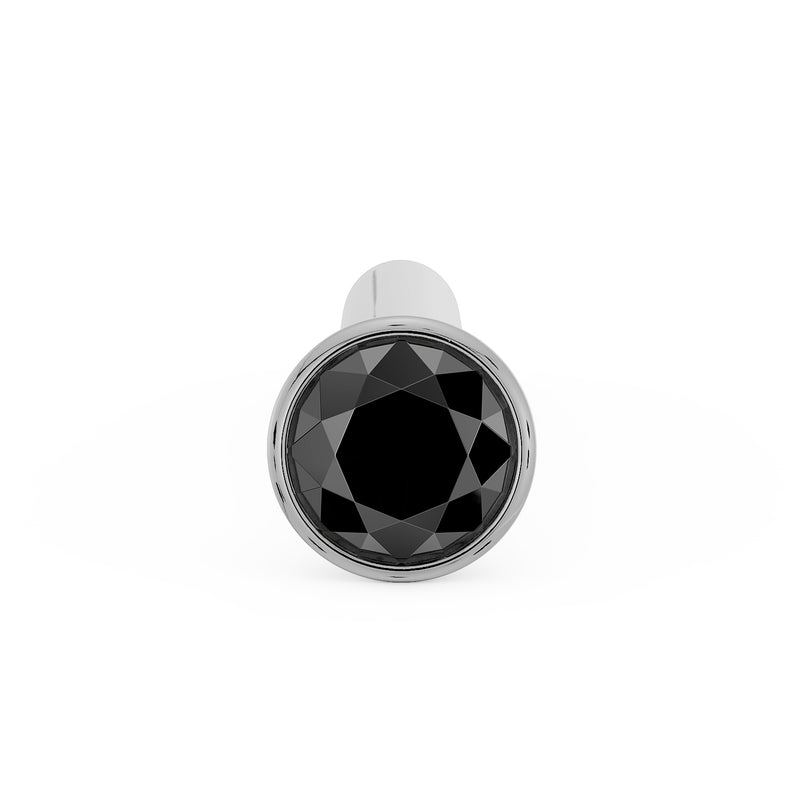 Direct front view of 1.5mm black diamond in white gold bezel on straight post nose stud