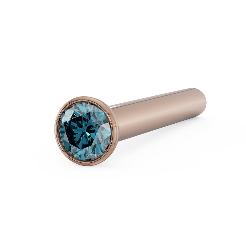 14k rose gold blue diamond bezel nose stud straight post, angled view showing rose gold contrast