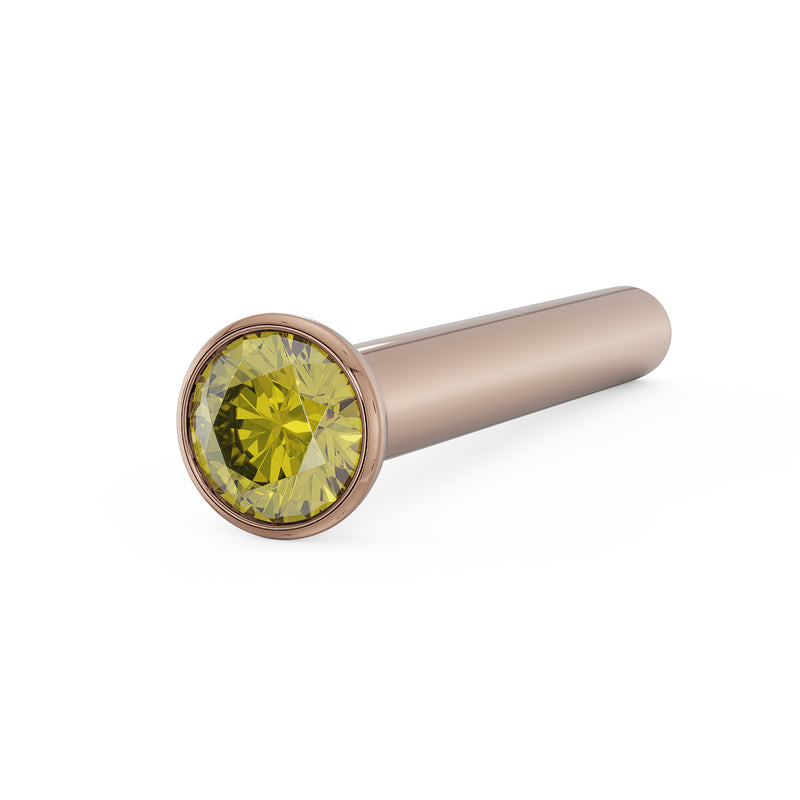 14k rose gold yellow diamond bezel nose stud straight post style, angled view of stone and post