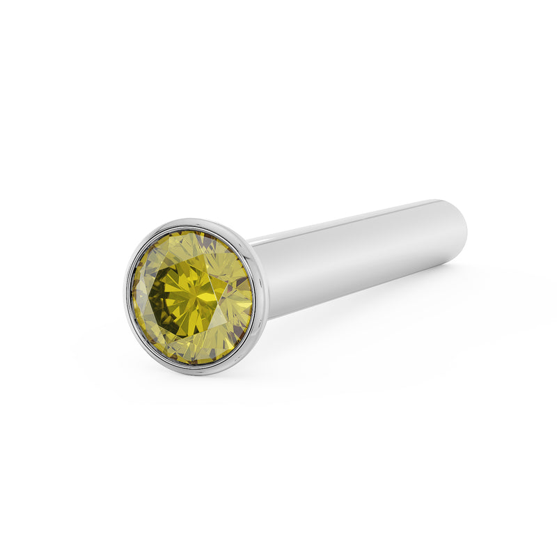 14k white gold yellow diamond bezel nose stud straight post, angled view showing stone and post