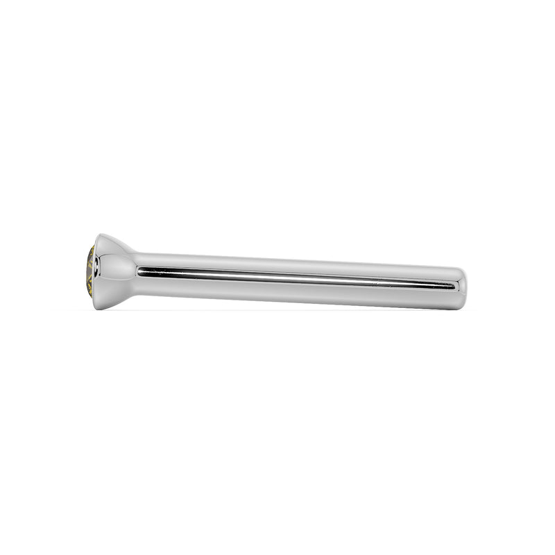 Side profile of white gold yellow diamond bezel nose stud showing full straight post length