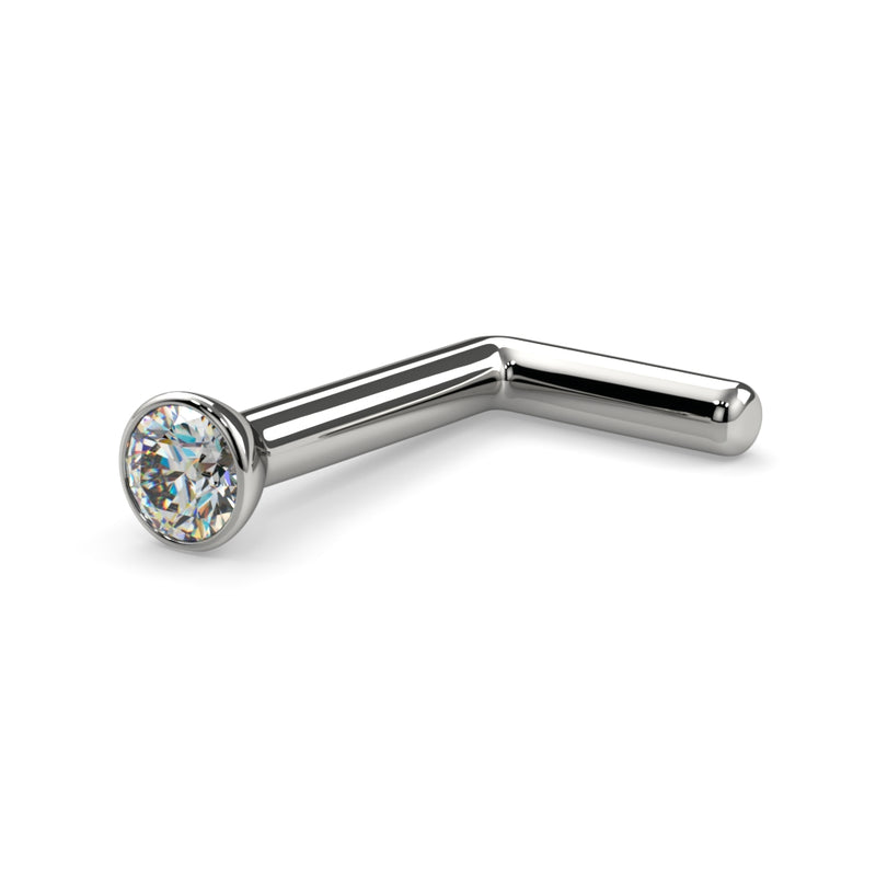 14k white gold 1.7mm diamond bezel L-post nose stud, side view showing 90-degree bend