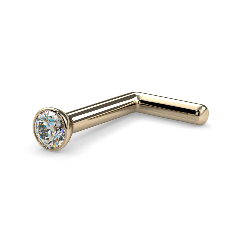 14k yellow gold 1.7mm diamond bezel L-post nose stud, side view showing 90-degree bent post