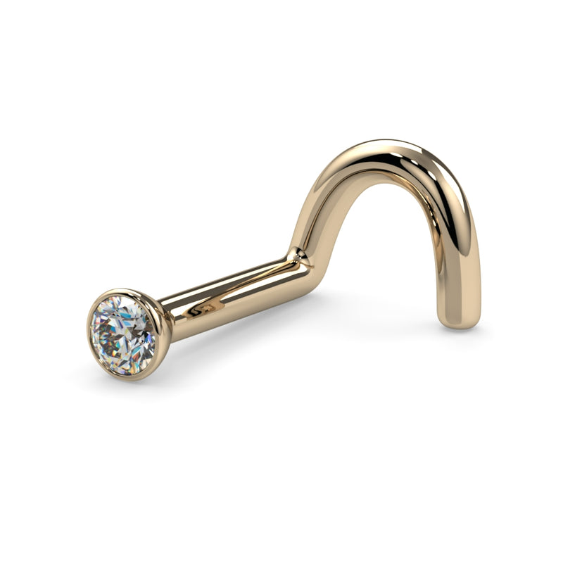 14k yellow gold 1.7mm diamond bezel nose ring twist style, lower angled view of curved post