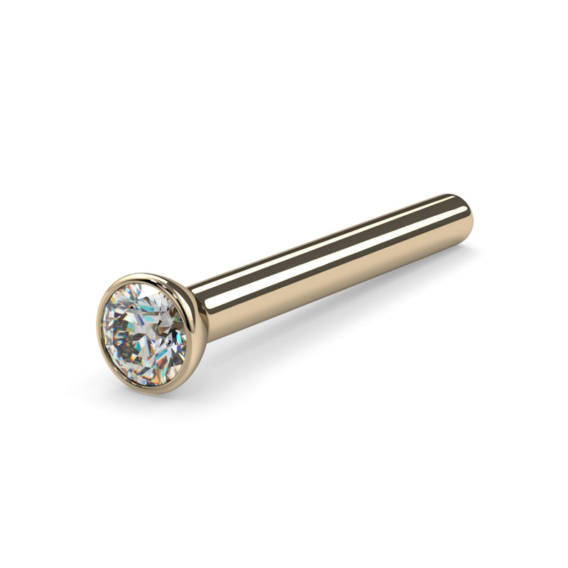 14k yellow gold 1.7mm diamond bezel straight-pin nose stud, side view of full post length