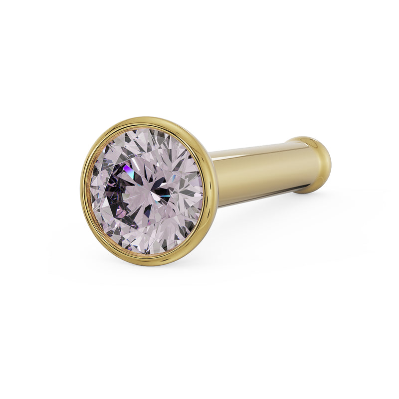 14k yellow gold pink diamond bezel nose stud bone style, angled close-up of stone and post