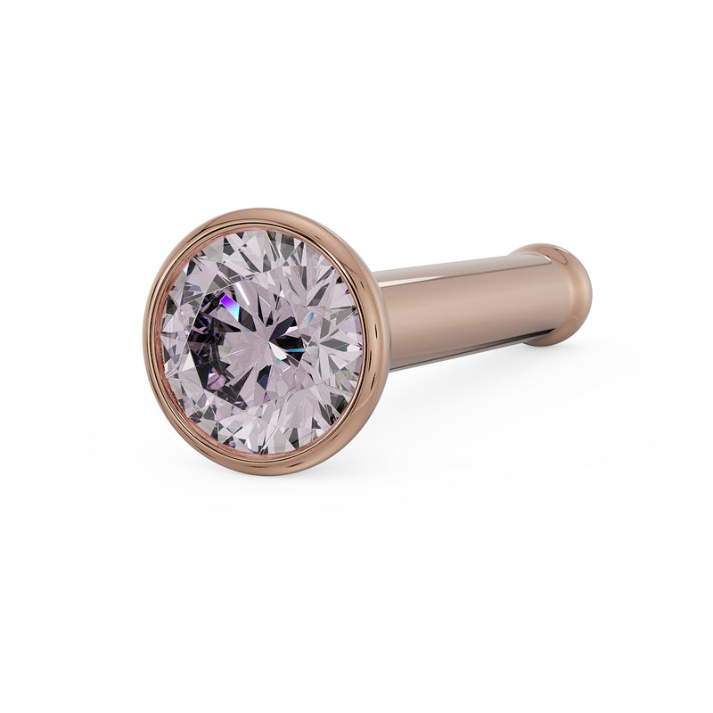 14k rose gold pink diamond bezel nose bone stud, angled view highlighting rosy gold setting