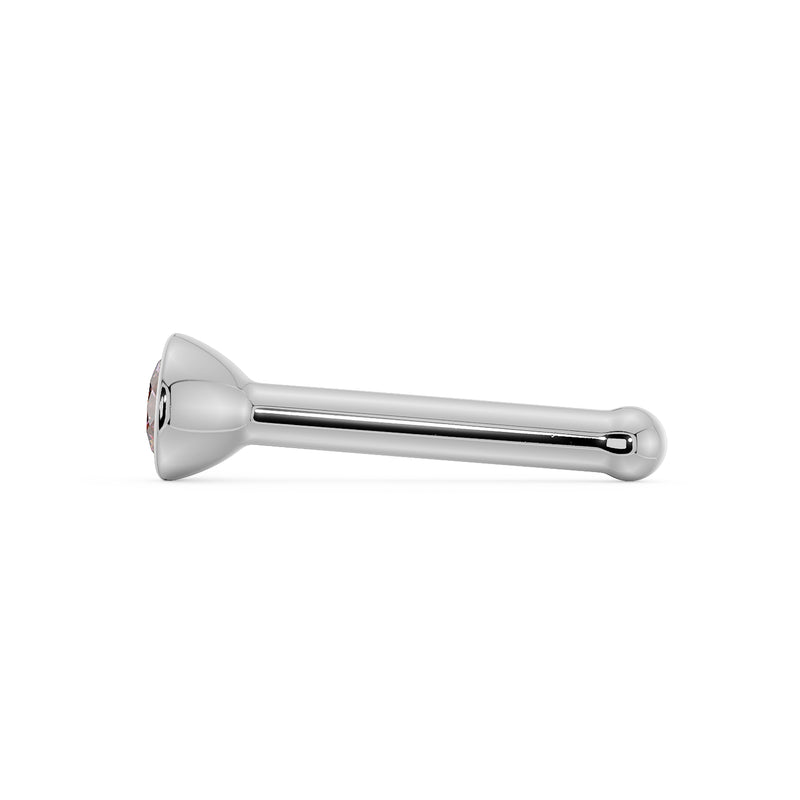 White gold 2mm pink diamond bezel nose bone stud, side profile view showing ball-end post