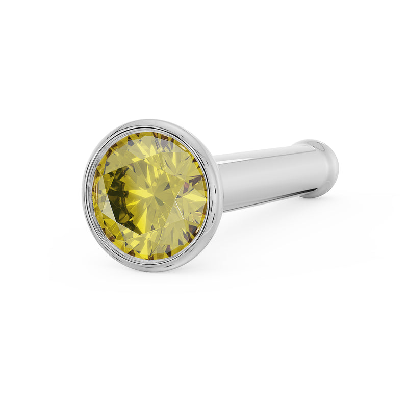 14k white gold 2mm yellow diamond bezel nose stud bone style, angled front view