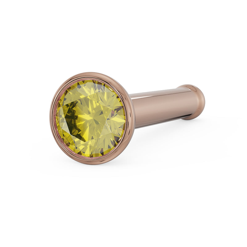 14k rose gold 2mm yellow diamond bezel nose stud bone style, angled front view