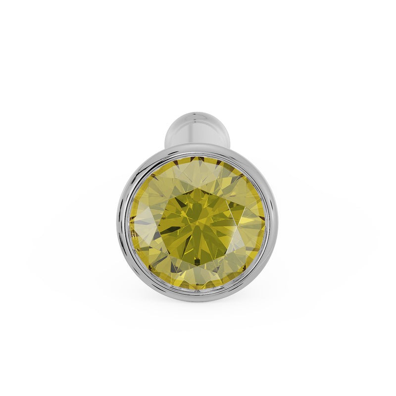 Front-facing view of white gold yellow diamond bezel nose stud showing bone post top