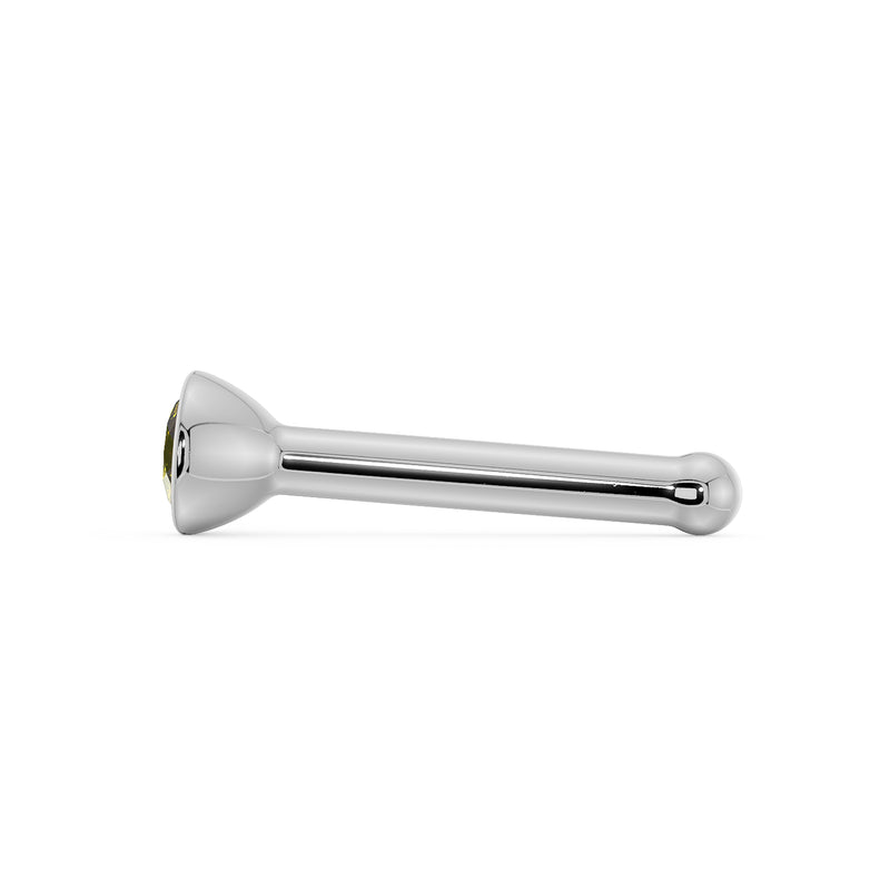 Side profile of white gold yellow diamond bezel nose bone stud showing full straight post length