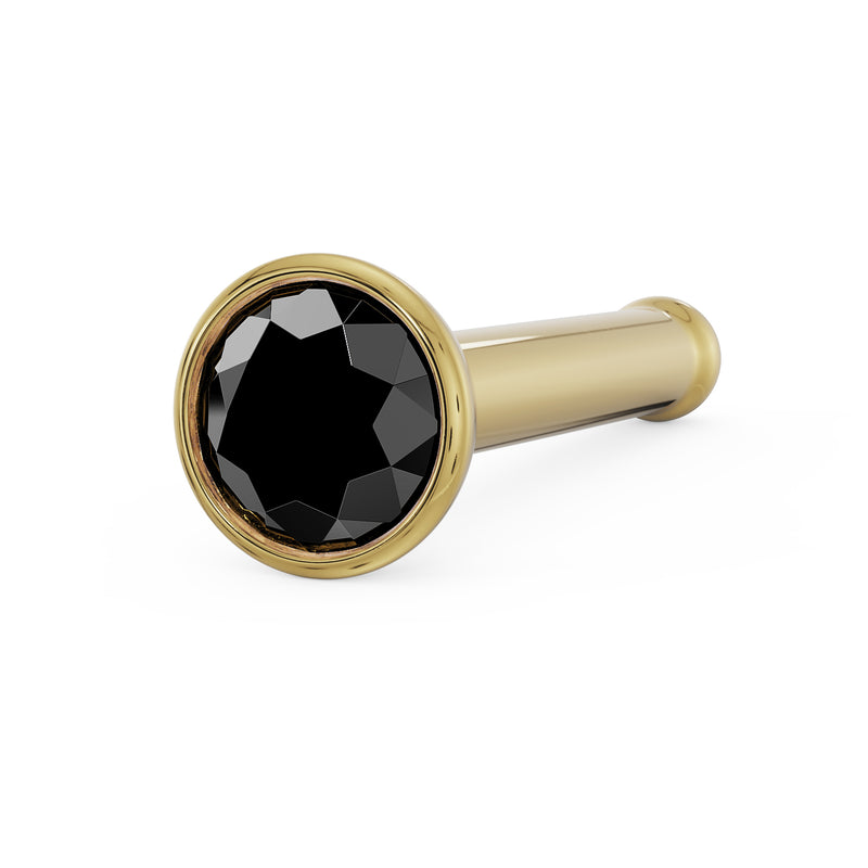 14k yellow gold black diamond bezel nose bone stud, angled view showing ball-end post