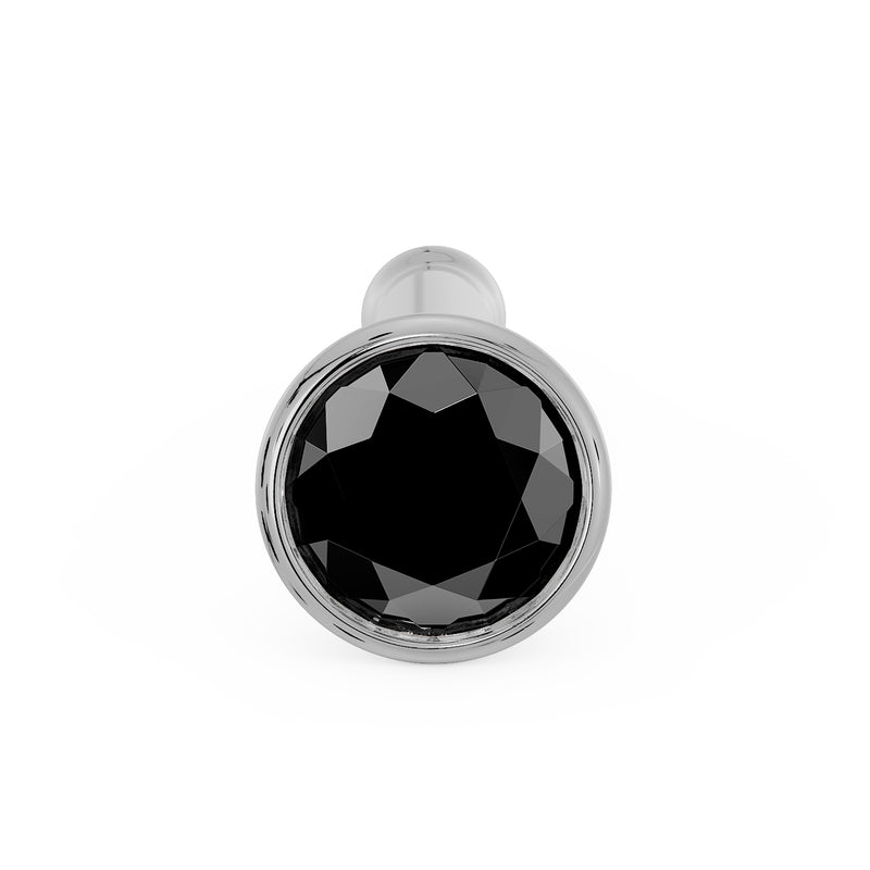 Front view of 2mm black diamond bezel nose bone stud in white gold showing ball-tip end