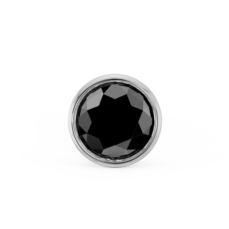 Close-up of 2mm genuine black diamond in white gold bezel setting, front-facing detail view