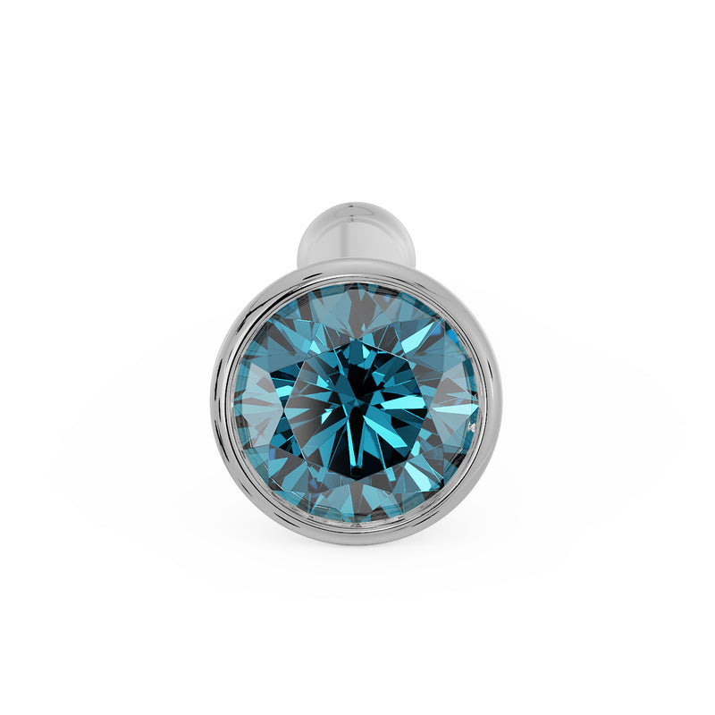 Front view of 2mm blue diamond bezel nose bone stud in white gold showing ball end and gem face