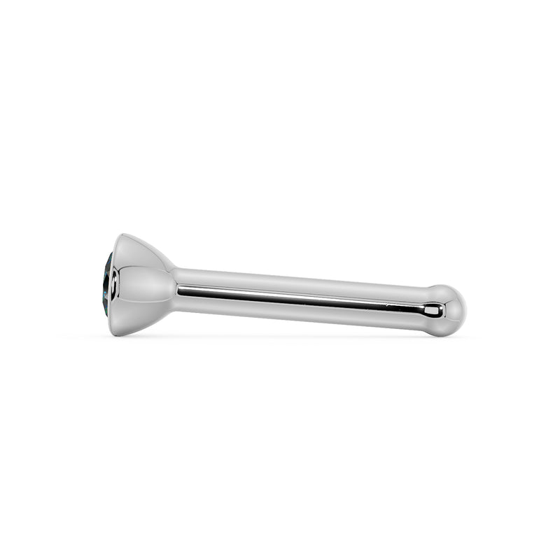 Side profile of white gold blue diamond nose bone stud showing full straight post length and ball tip
