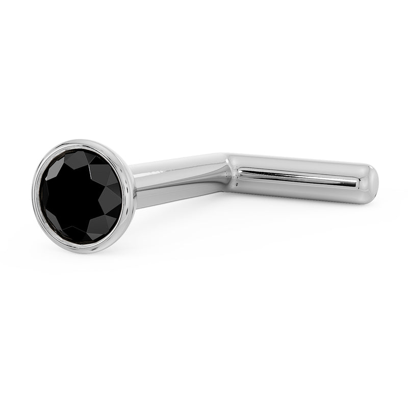 14k white gold black diamond bezel L post nose stud, angled view showing L-shaped post style