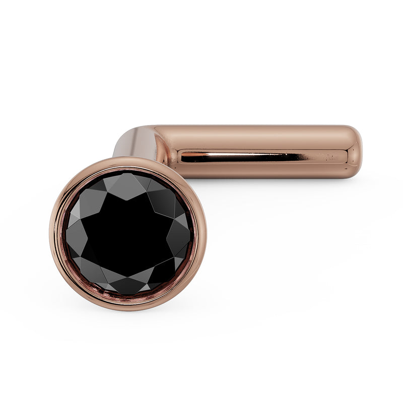 14k rose gold black diamond bezel L post nose stud, angled view showing L-shaped post