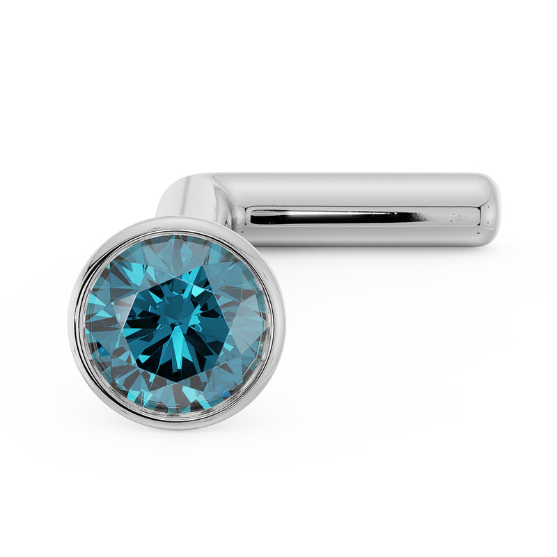 14k white gold blue diamond L post nose stud, front angle showing L post shape and bezel setting