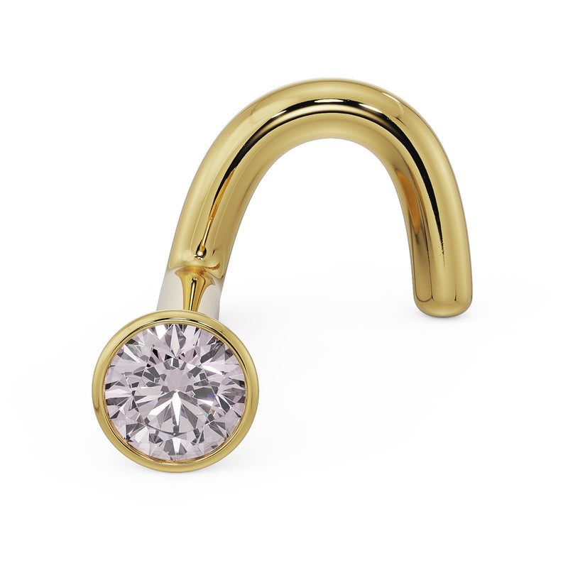 14k yellow gold 2mm pink diamond bezel nose stud, twist screw style, angled front view