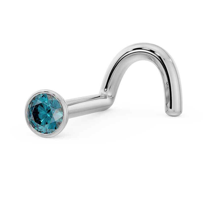 14k white gold blue diamond bezel nose stud, twist style showing full post shape from side angle