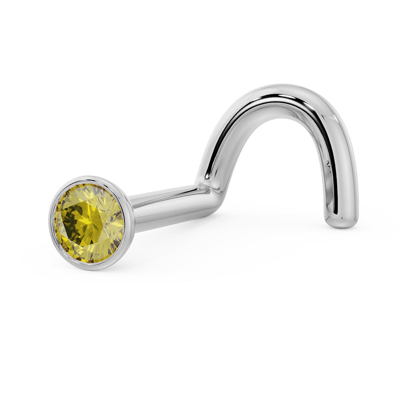 Side profile of 14k white gold 2mm yellow diamond bezel nose stud showing twist post shape