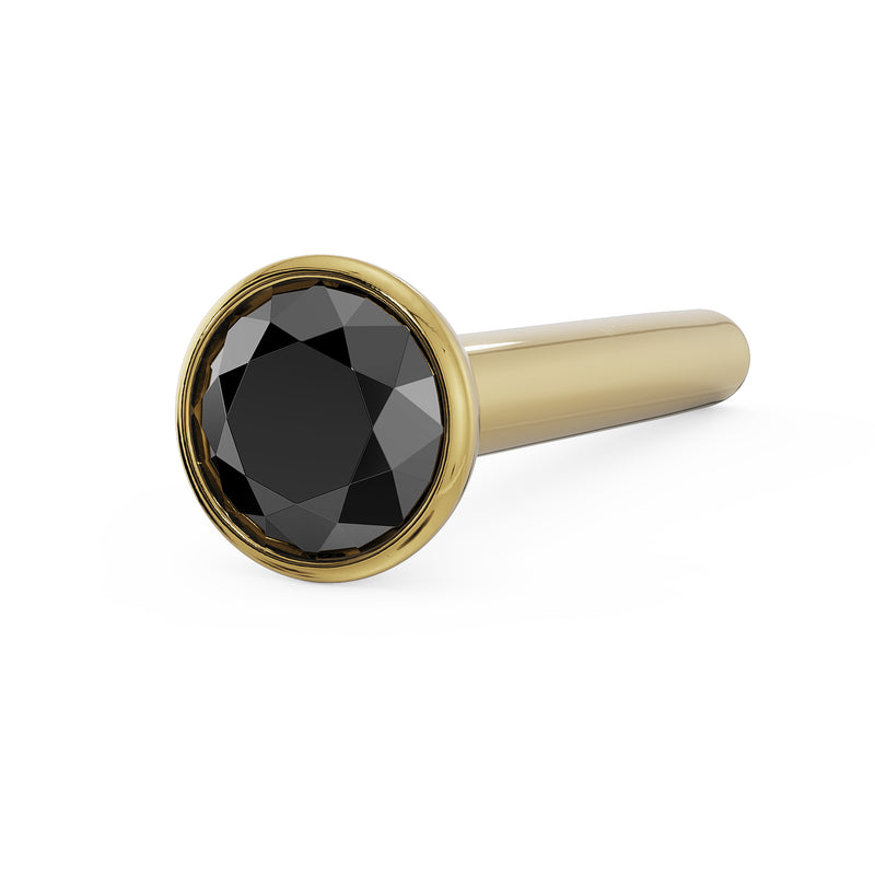14k yellow gold black diamond bezel straight post nose stud, angled front view