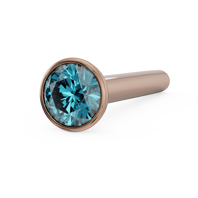 14k rose gold blue diamond straight post nose stud, angled view showing bezel and rose gold post