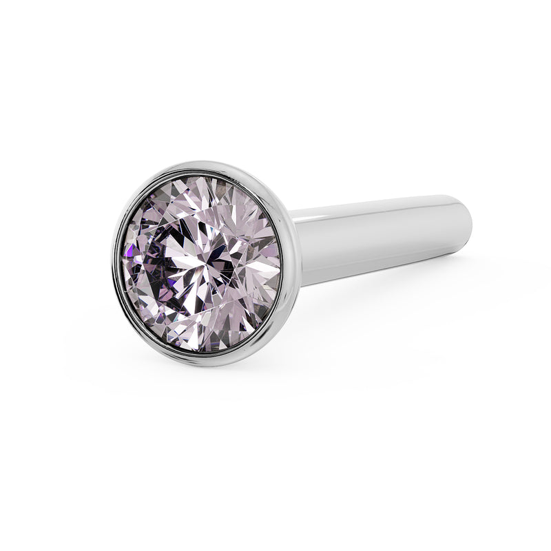 White gold 2mm pink diamond bezel nose stud straight post, slightly elevated angled stone view