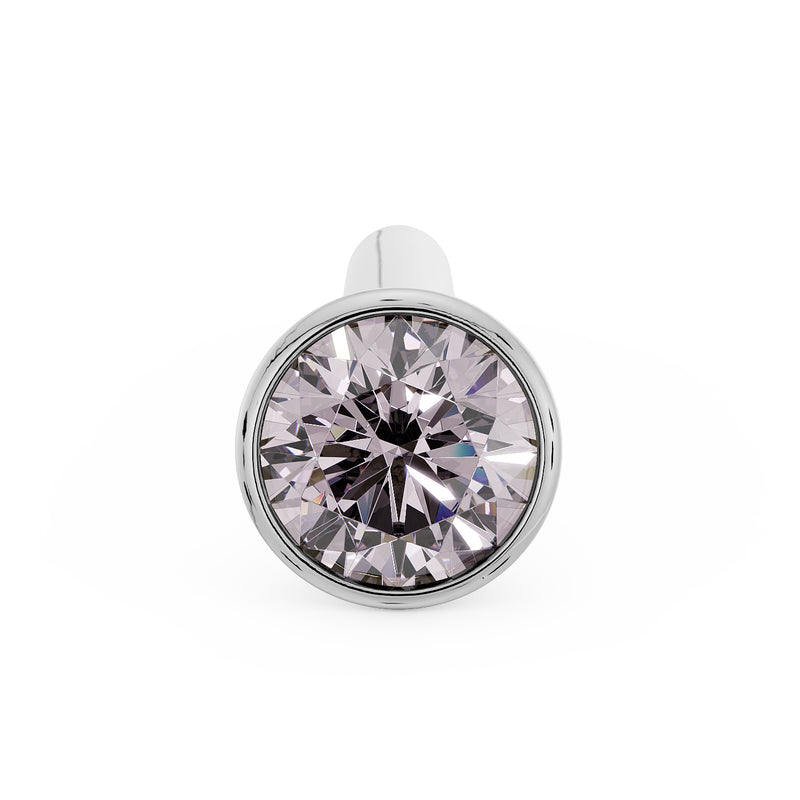 Top-down front view of 14k white gold 2mm pink diamond bezel nose stud showing bone-end post
