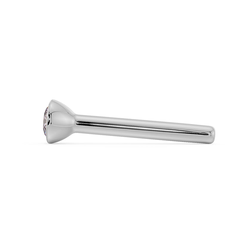 Side profile of white gold 2mm pink diamond bezel nose bone stud showing tapered bezel and post