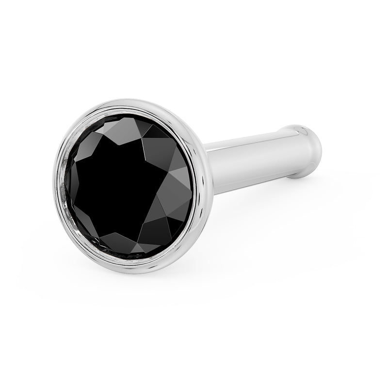 14k white gold black diamond bezel nose stud, bone post style showing straight pin