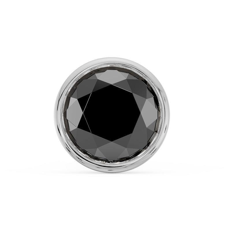 Close-up front view of 2.5mm black diamond in white gold bezel setting, facets visible
