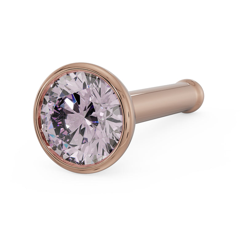 14k rose gold pink diamond bezel nose stud with straight post, angled view of bezel and post