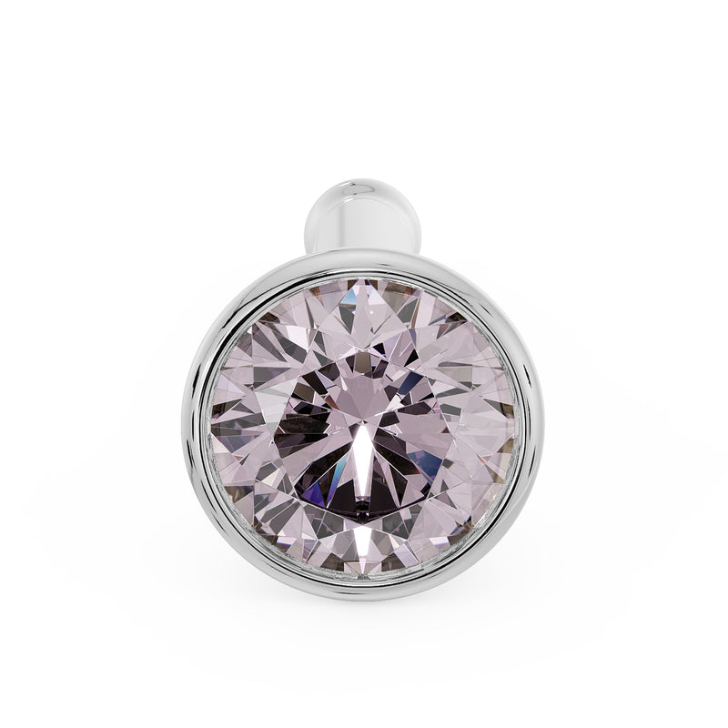 Reverse view of 14k white gold pink diamond bezel nose bone stud showing ball end tip