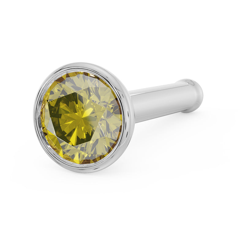 14k white gold yellow diamond bezel nose stud with straight post, angled close-up view