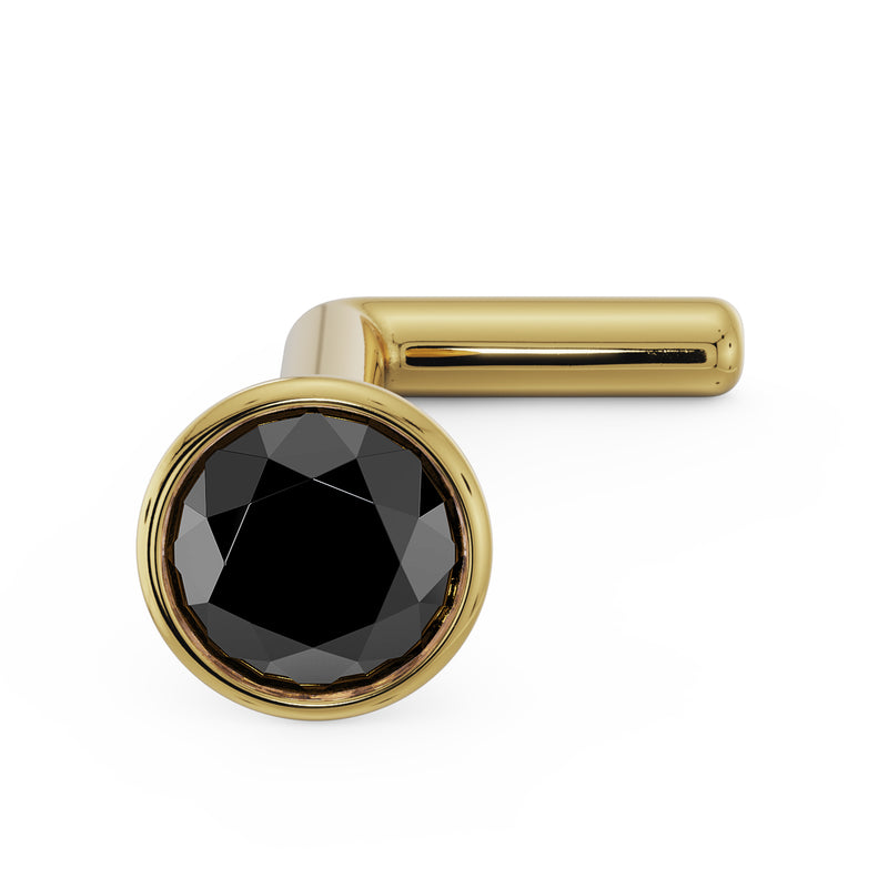 14k yellow gold black diamond bezel nose stud, L-post style, angled top view