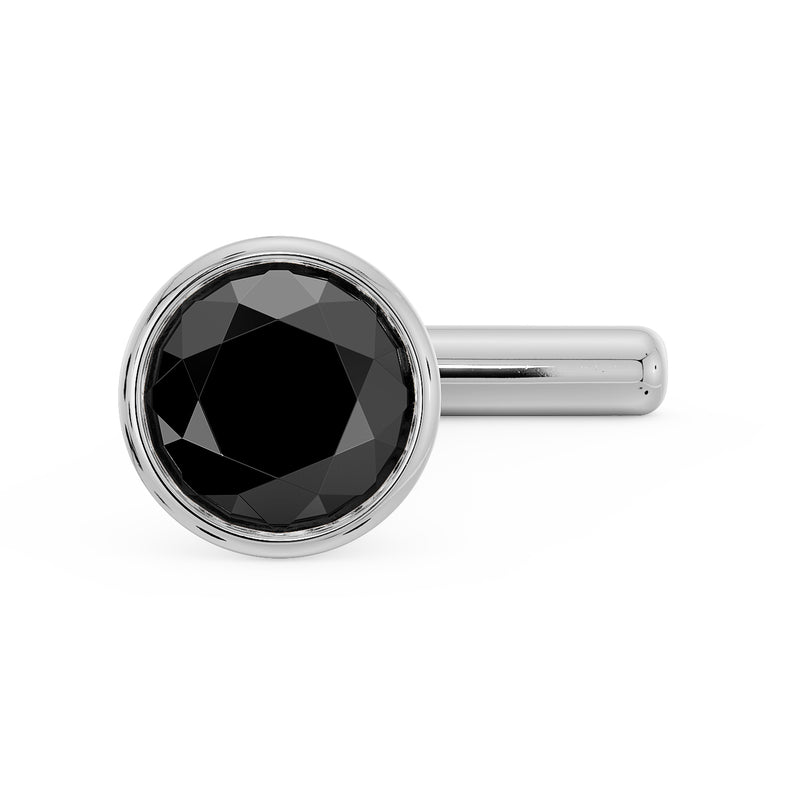 Top-down view of 2.5mm black diamond bezel nose stud in white gold, straight post