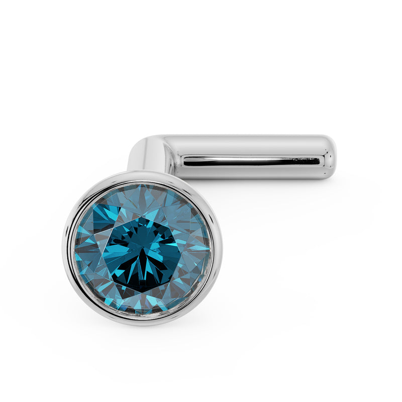 14k white gold blue diamond bezel nose stud L-post, angled view showing post and gem