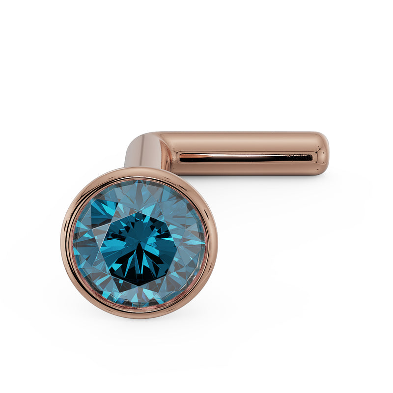14k rose gold blue diamond bezel nose stud L-post style, angled front view of setting