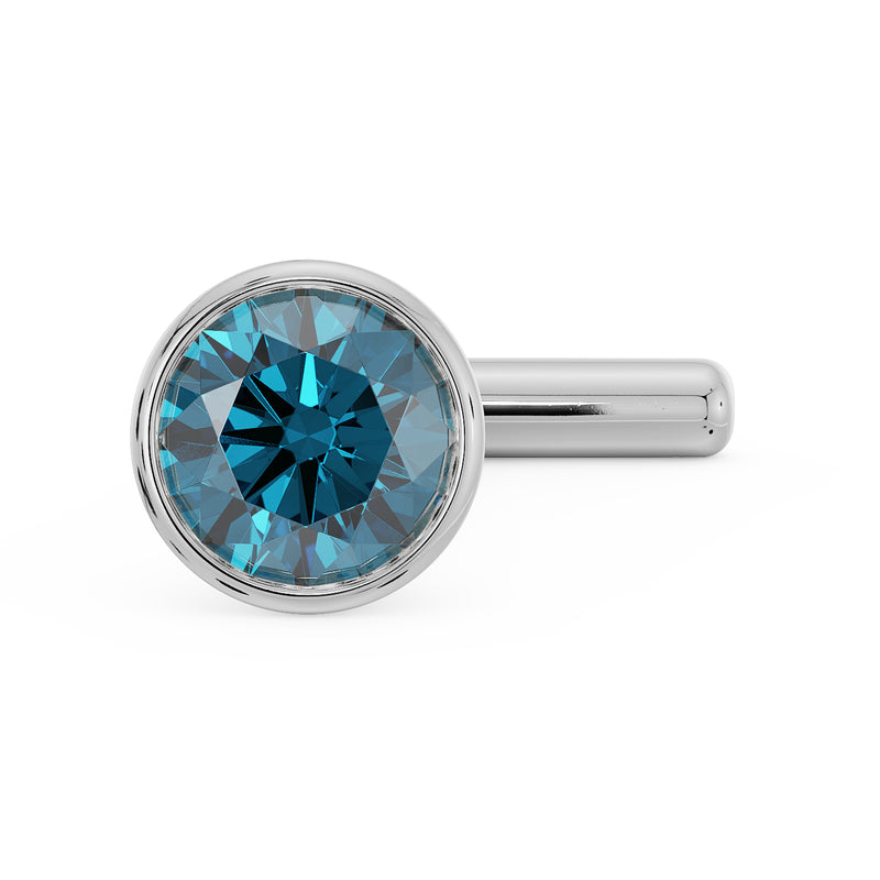 Close-up of white gold blue diamond bezel nose stud straight post showing gem and post tip