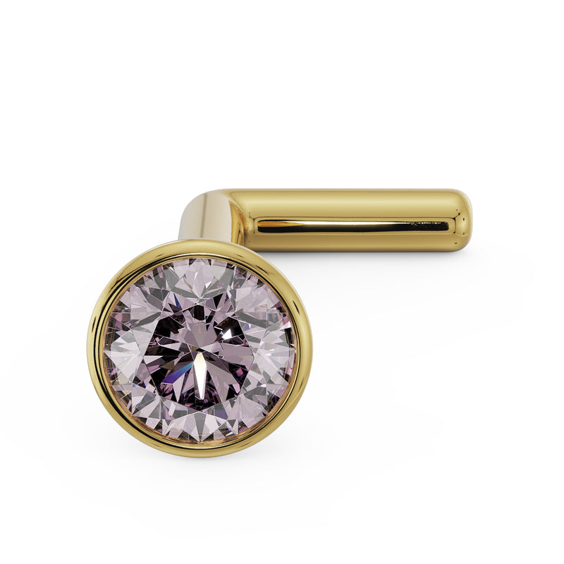 14k yellow gold pink diamond bezel nose stud with L-post, angled front view of 2.5mm setting