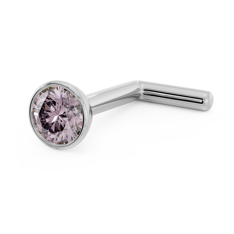 14k white gold 2.5mm pink diamond bezel nose stud with L-post, side-angled view of setting