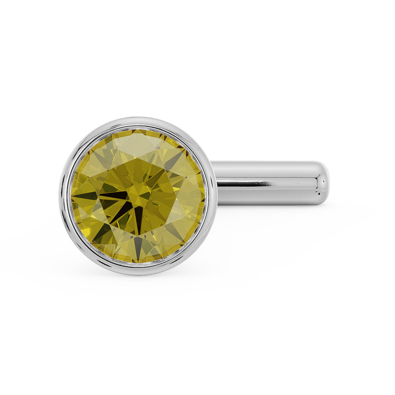 Close-up front view of 2.5mm yellow diamond bezel nose stud in white gold with straight post