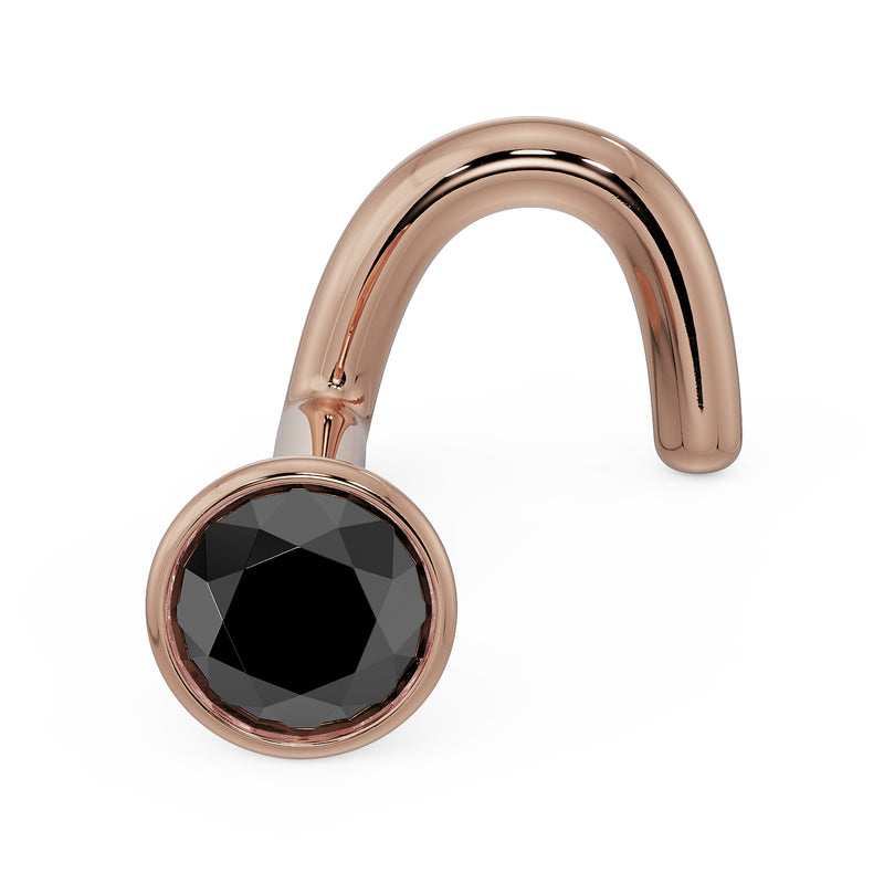 14k rose gold black diamond bezel nose stud with twist screw post, angled view