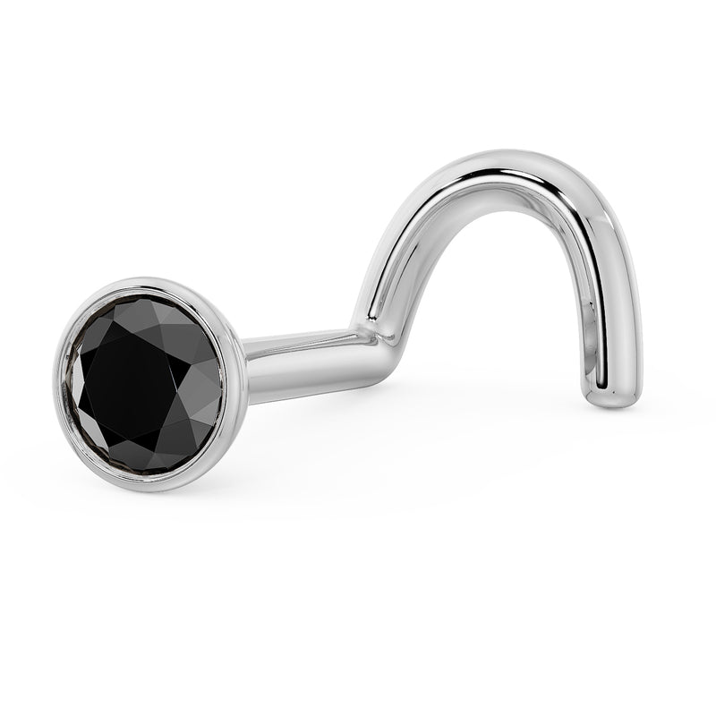 14k white gold 2.5mm black diamond bezel nose ring with twist screw post, side view