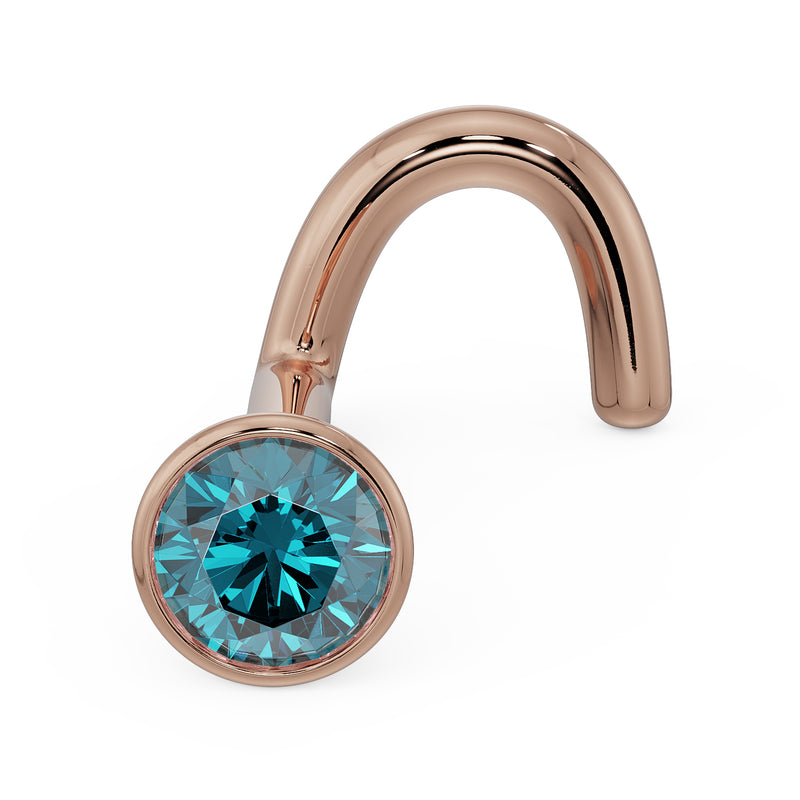 14k rose gold 2.5mm blue diamond bezel nose ring twist style, angled side view