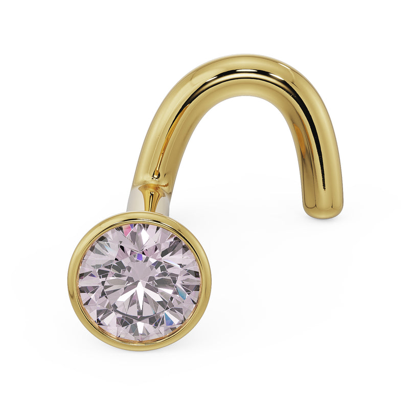 14k yellow gold pink diamond bezel nose ring twist style, angled view showing screw post